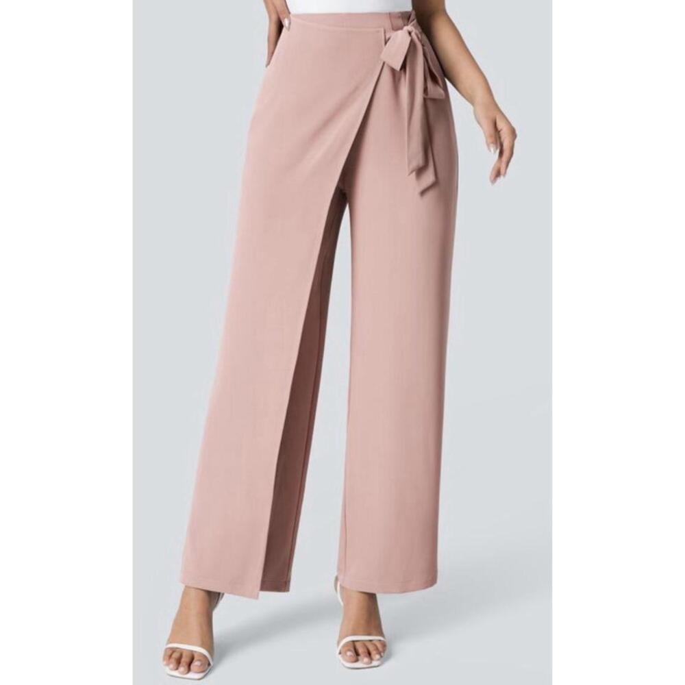 High-Waist Wrap Wide-Leg Pants - Mauve Pink